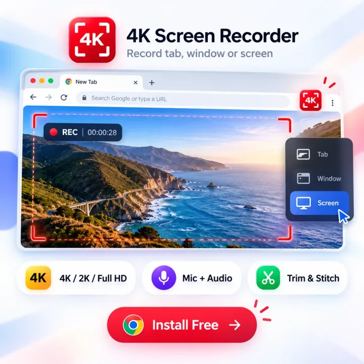 4K Screen Recorder – record a tab, window or screen. Install free.