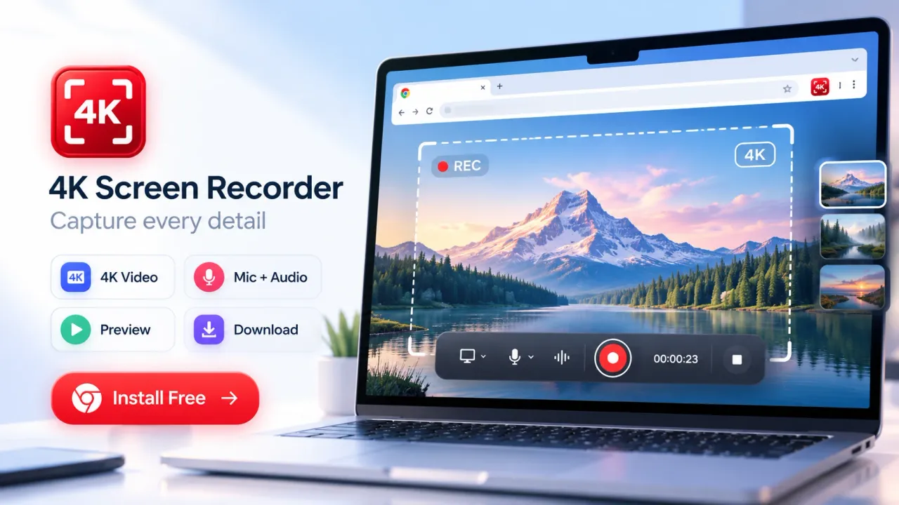 4K Screen Recorder – capture every detail: 4K video, mic and audio, preview, download. Install free.