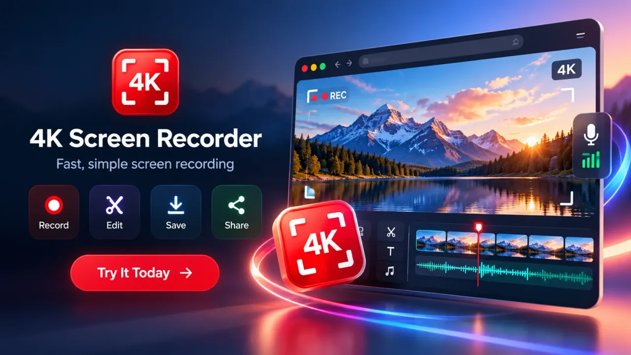 4K Screen Recorder – fast, simple screen recording: record, edit, save, share. Try it today.